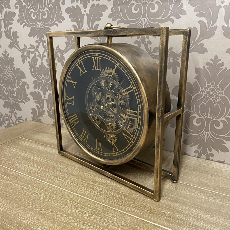 Degraffenreid Analog Metal Table Clock | Black Quartz Desk Clock with Moving Gears Numerals, Decorative Home Accent