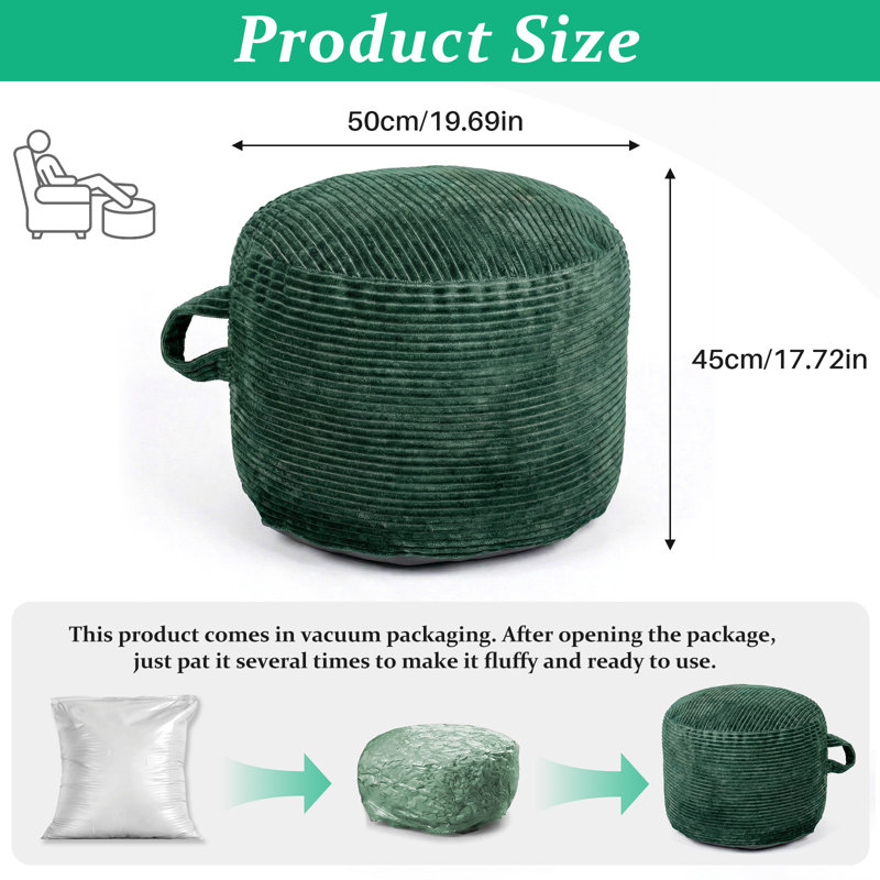 Stuffed Round Corduroy Pouf Ottoman, Shredded Foam Filled Footrest With Non-Slip Rubber Grips, Soft Fluffy & Easy To Move, Versatile Footstool For Couch