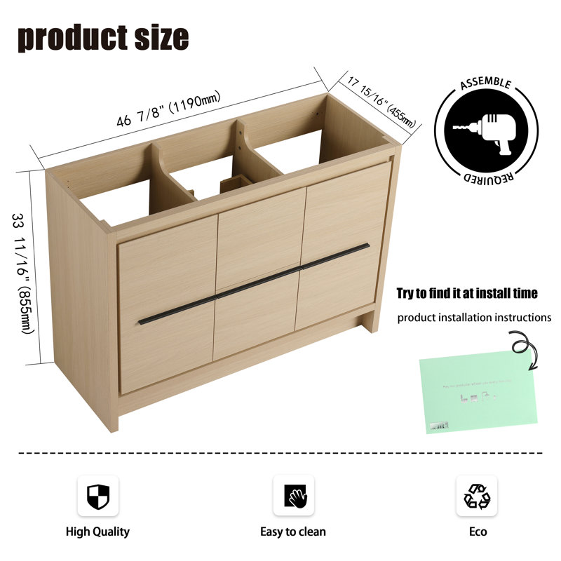 Base de meuble-lavabo autoportant 48 po avec 2 portes, 2 tiroirs et 2 tablettes