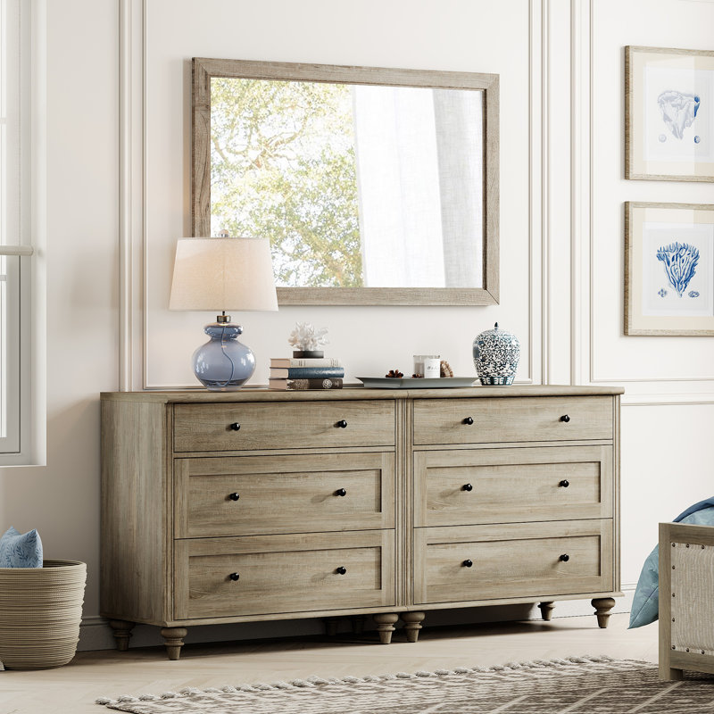 Scarlett Dresser For Bedroom With 6 Drawers, Mid Century Modern Wooden Closet Storage Organizer, Gray/Gray