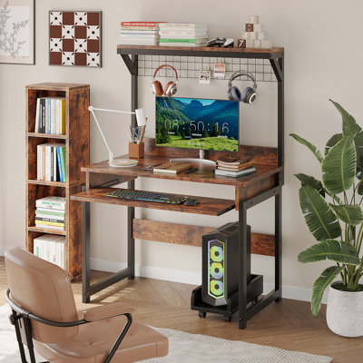 Industrial Wood & Metal Computer Desk with Keyboard Tray & Grid Backboard – Adult Home Office Workstation