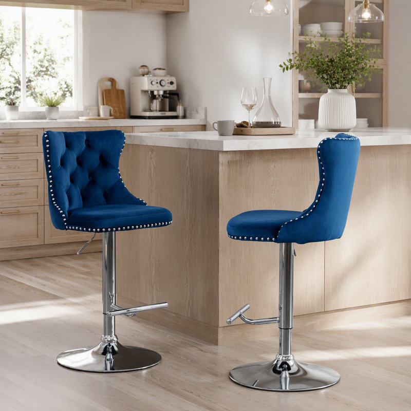 Tabourets de bar pivotants en velours à hauteur de siège réglable de 25 à 33 pouces, tabourets de bar à base chromée avec dossier capitonné confortable pour un pub à domicile et un îlot de cuisine, ensemble de 2, AS1712BL, bleu