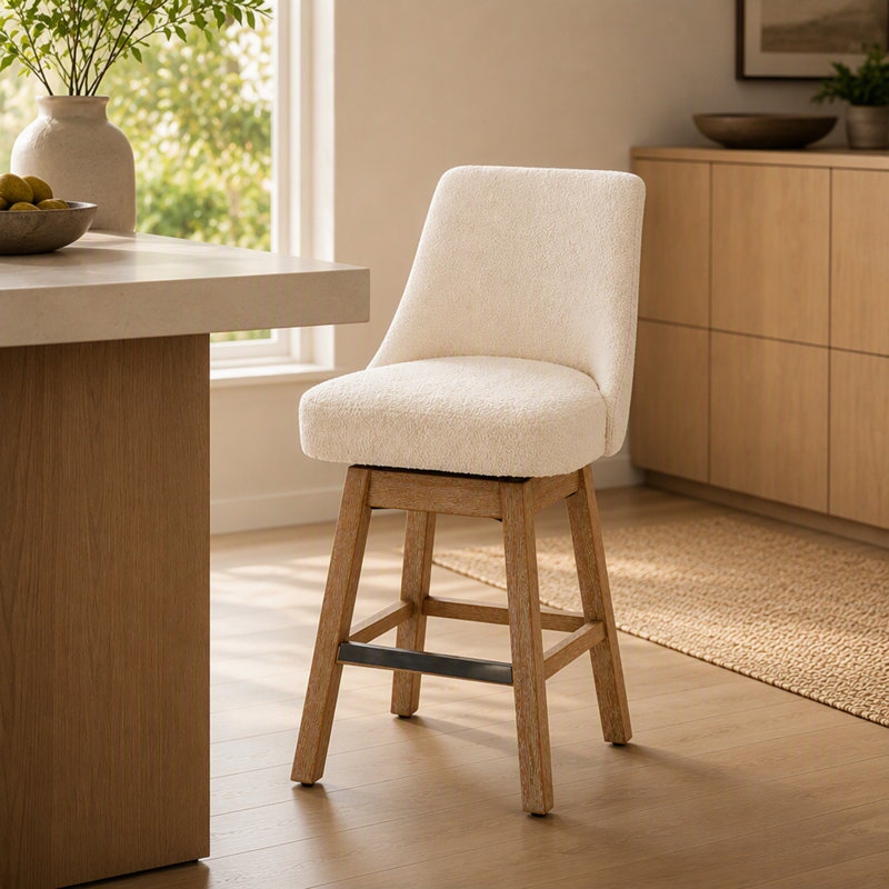 Ensemble de 2 tabourets de bar pivotants à 360° avec dossier et pieds en bois massif, Beige
