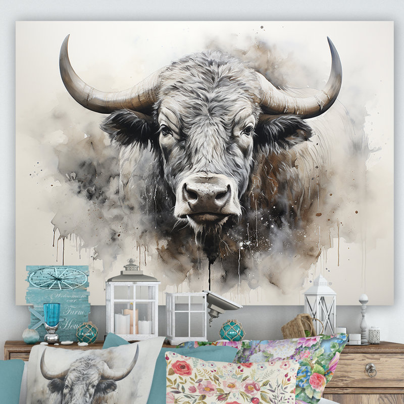 Tête de bison minimaliste sur toile, H 12 po x l 20 po x P 1 po, Toile tendue