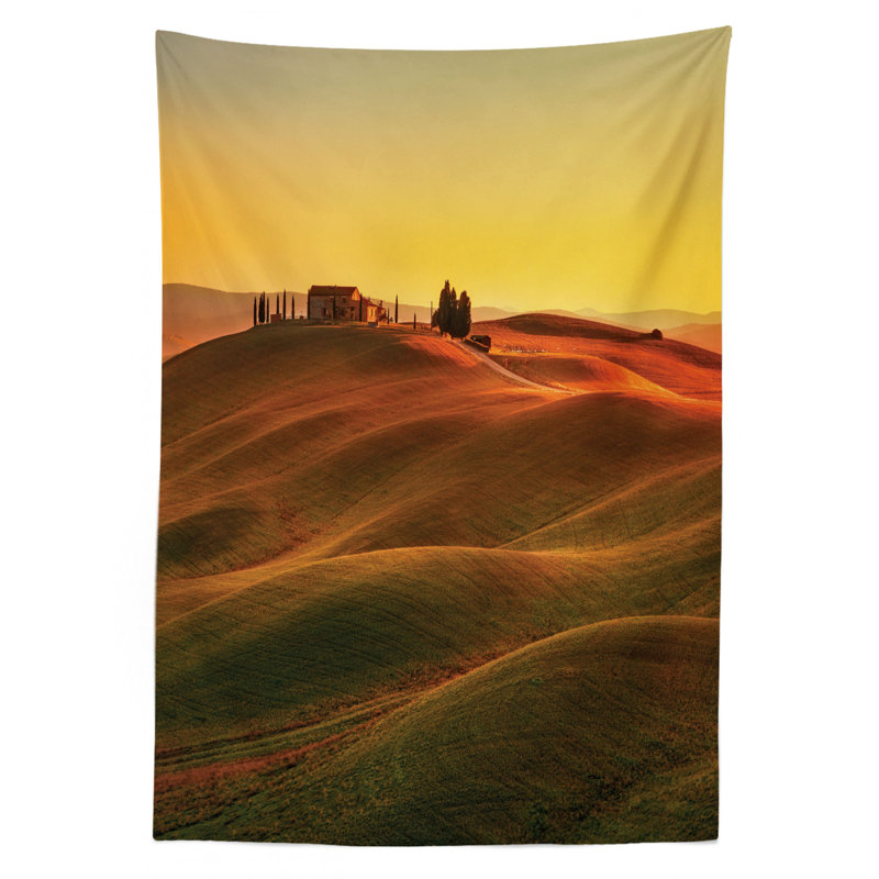 Ambesonne Italian Tablecloth, Rural Landscape Of European Mediterranean Old House In Countryside Farm Print Art, Rectangular Table Cover For Dining Room Kitchen Decor, 52" X 70", Orange White