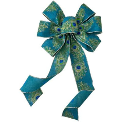 Noeud décoratif de paon à bordure dorée - 25 cm de large, 45 cm de long, nœud prénoué, décoration de porte pour Noël et les fêtes, ruban armé, guirlande, Mardi gras, Pâques