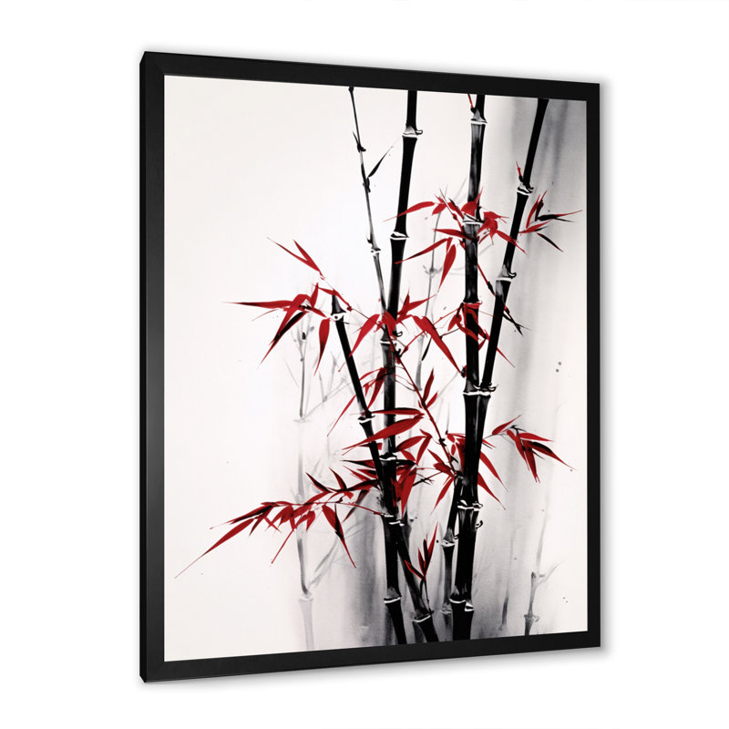 Japon, bambou rouge et gris II sur toile, H 40 po x l 30 po x P 1,5 po, Cadre simple noir