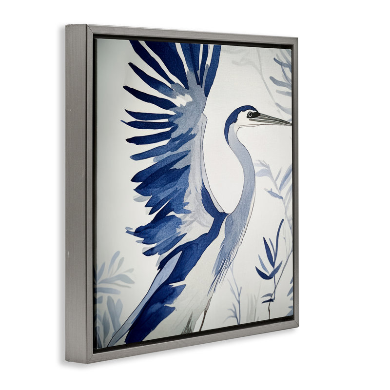 Cadre flottant Blue Heron dans des tons froids, design par Mona Grace, H 25 po x l 25 po, Cadre flottant gris lustré