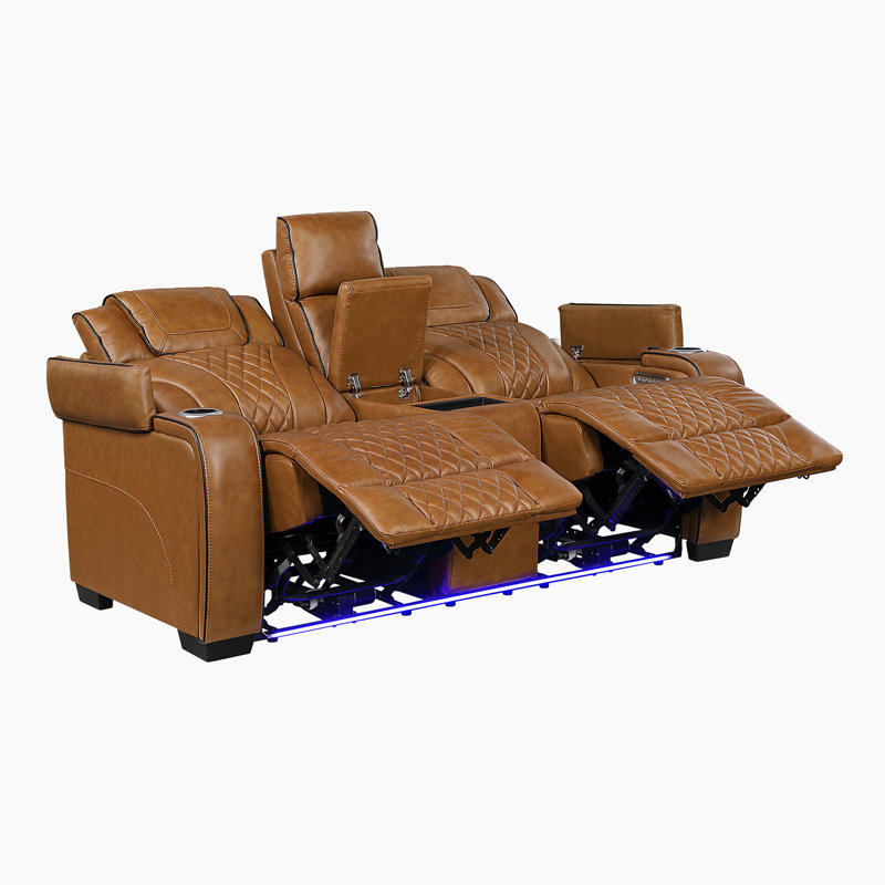 Barra 72" Modern & Contemporary Top Grain Leather Power Double Reclining Loveseat with Center Console, Power Headrests, Heat & Air Massage