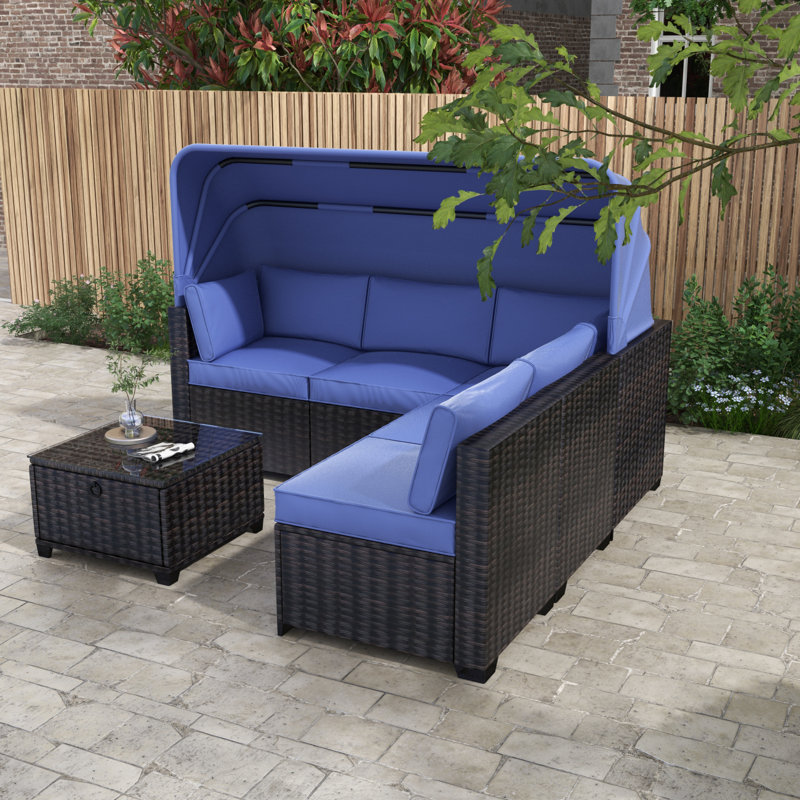 Outdoor Daybed With Canopy, Convertible Patio Sofa Set With Lifting Table, Uv-Proof Wicker Conversation Furniture With Ottoman