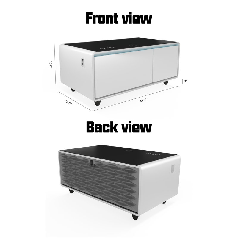 Smart Coffee Table with Fridge Drawer Wireless Charging and Bluetooth Speakers, White