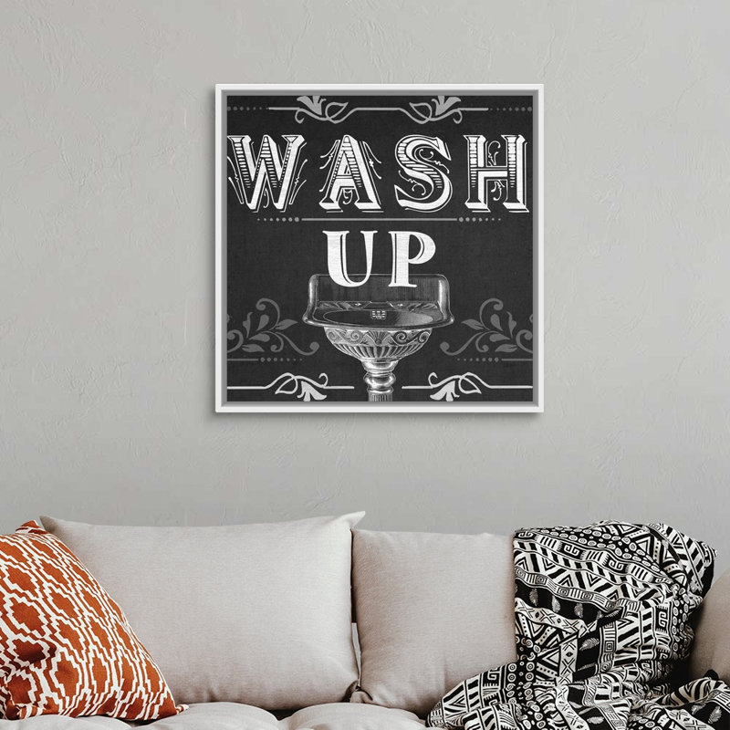«Chalkboard Bath Signs III», reproduction d'impression sur toile, Cadre flottant blanc, H 31,7 po x l 31,7 po x P 1,75 po