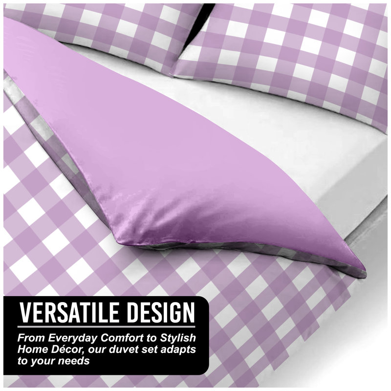 Luxury Gingham Microfibre Duvet Cover Set with Pillowcases Soft Breathable Easy Care Bedding All Sizes, Lilac