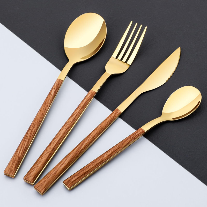 Ensemble de couverts 16 pièces pour 4? Élégant acier inoxydable avec poignées en faux bois, facile à transporter, Doré