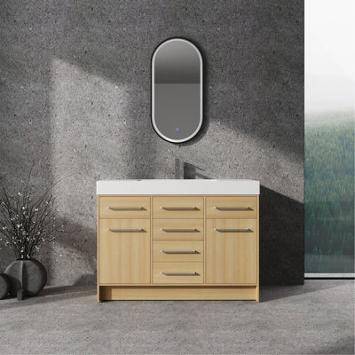 48" Freestanding Bathroom Vanity With Resin Sink, 2-Soft Closing Door & 6-Soft Closing Drawer, Original Oak, Plywood