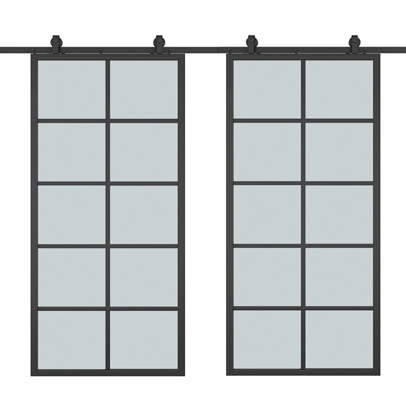 84" x 84" Black Aluminum Frame Double Sliding Barn Door with Frosted Glass