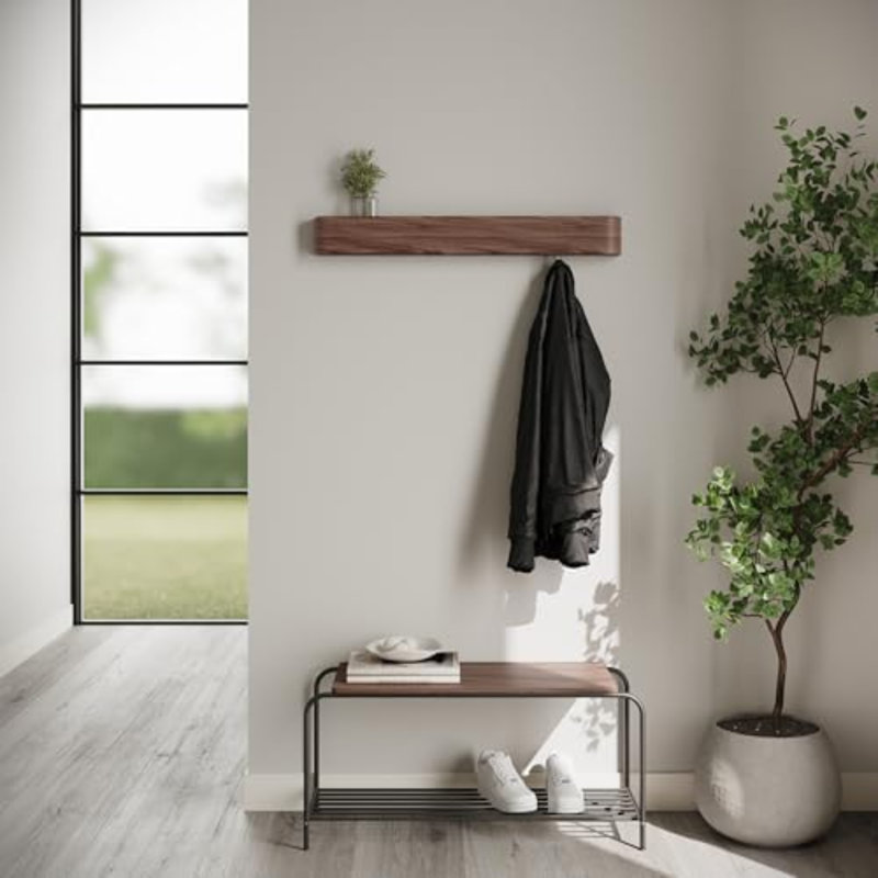 Porte-manteau mural « Toke » - Design moderne avec crochets muraux dissimulés - Panneau de suspension en placage de bois massif - Noyer