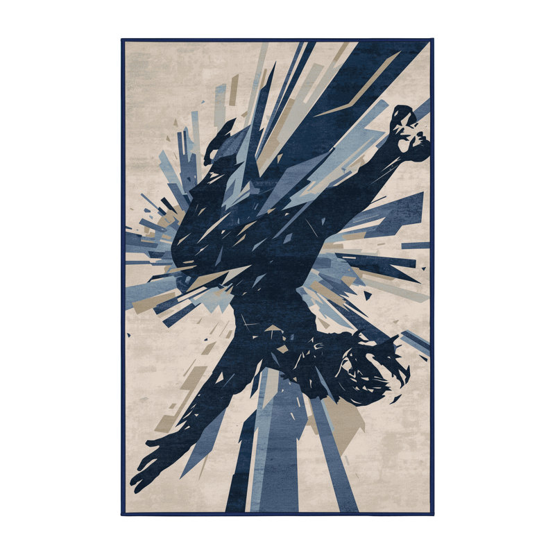 Soft Plush Mondale Breakdancer Eclectic Abstract Area Rug in Beige – Navy Binding, 2x4