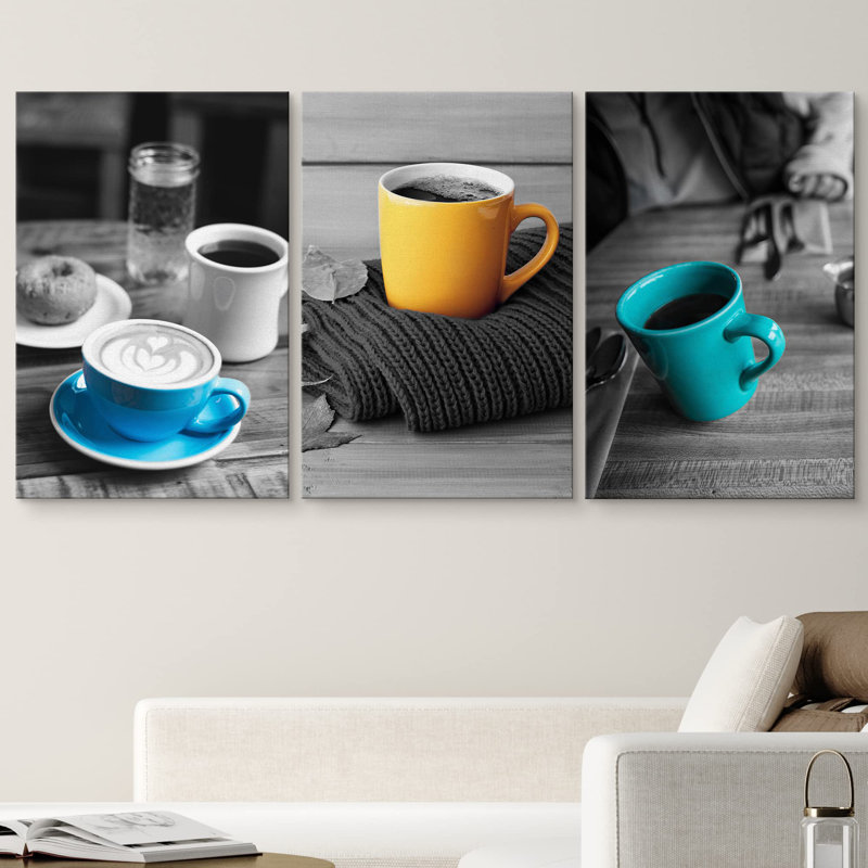 Décoration murale moderne de couleur tasses partielles sur table noir et blanc, Toile tendue, H 24 po x l 48 po