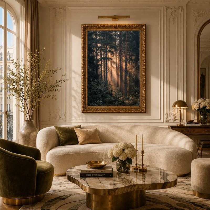 «Pine Trees with Golden Sunlight Through Mist», art mural sur toile, H 30 po x l 20 po