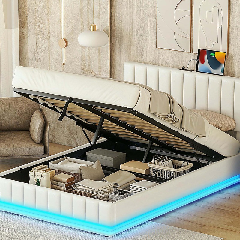 Lit tapissier double avec système de rangement hydraulique et lumière DEL, lit plateforme moderne avec prises et ports USB, blanc