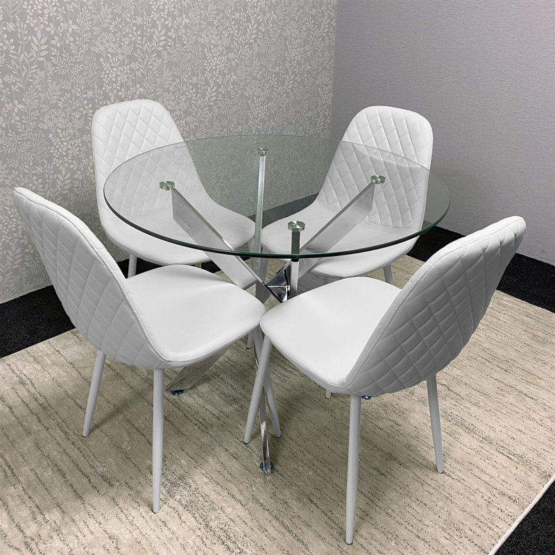 Maya Round Glass Dining Table with 4 Gem Chairs Chrome Finish, White