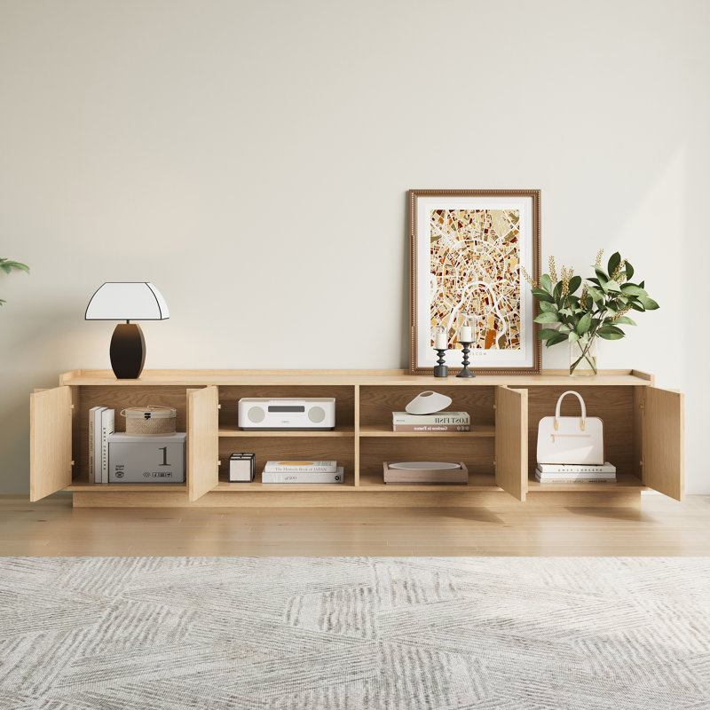 Meuble télé 78,74 po avec grain de bois brun et console Mid-Century moderne avec 4 armoires, Oak