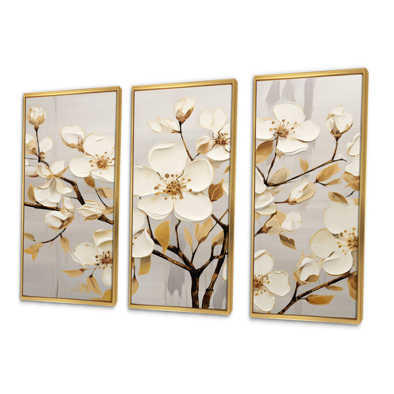 Ensemble d'art sur toile Dogwood, Cadre flottant doré, H 28 po x l 36 po x P 1 po