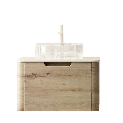 Meuble-lavabo rond 24 po transparent avec dessus en pierre à motif, armoire en contreplaqué, système de fermeture en douceur, facile à installer, lavabo en cristal finition chêne blanc, rangement, tiroir,
