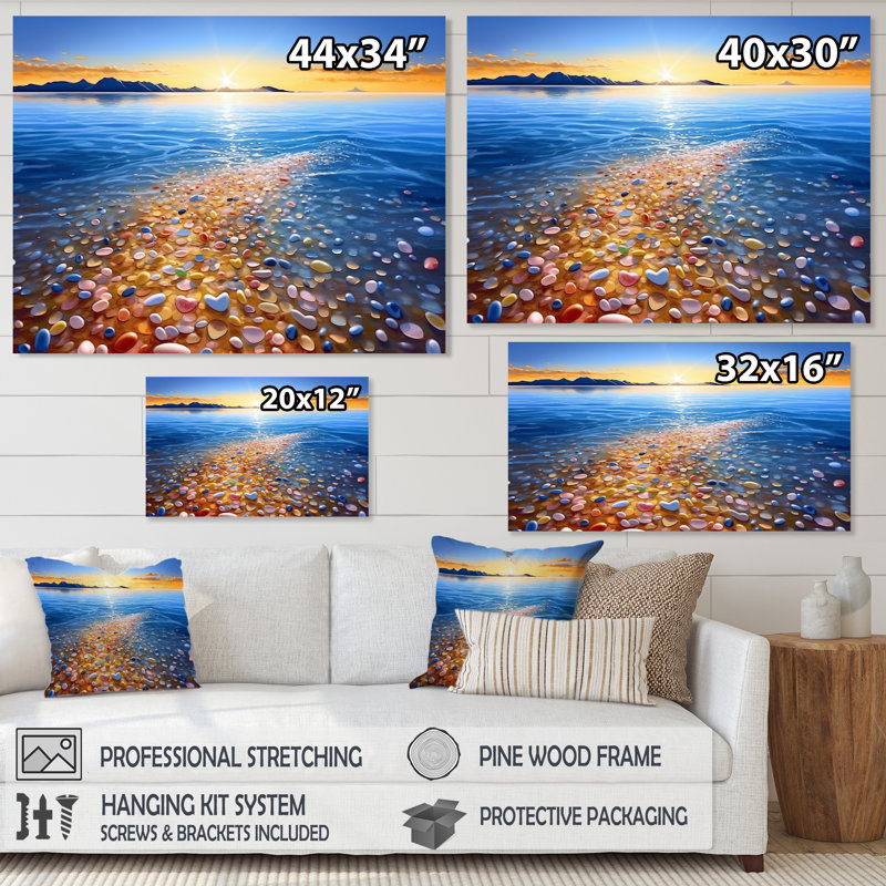 Décoration murale formes abstraites au lever du soleil sur la plage de galets, H 16 po x l 32 po, Cadre flottant blanc