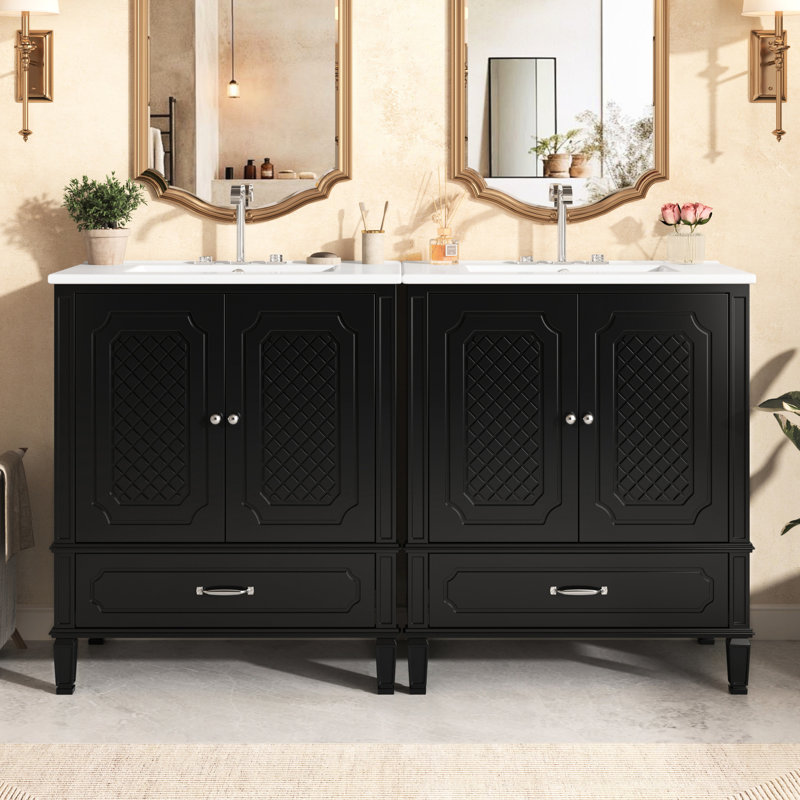 Meuble-lavabo double 60 po. Espace de rangement généreux. 2 armoires, tiroirs. Noir. Attrait décoratif classique. Meuble-lavabo facile à assembler. Meuble spacieux et fonctionnel. Conception. Installation simple