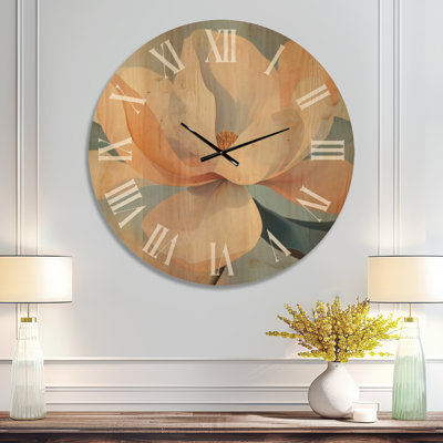 Horloge murale ronde de style ferme, imprimée sur bois, représentant une douce floraison de magnolia