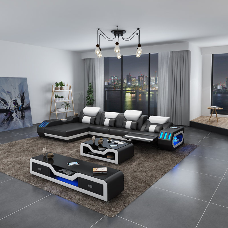 Starfighter Sectional, Black/White Genuine Leather, Left Hand Facing
