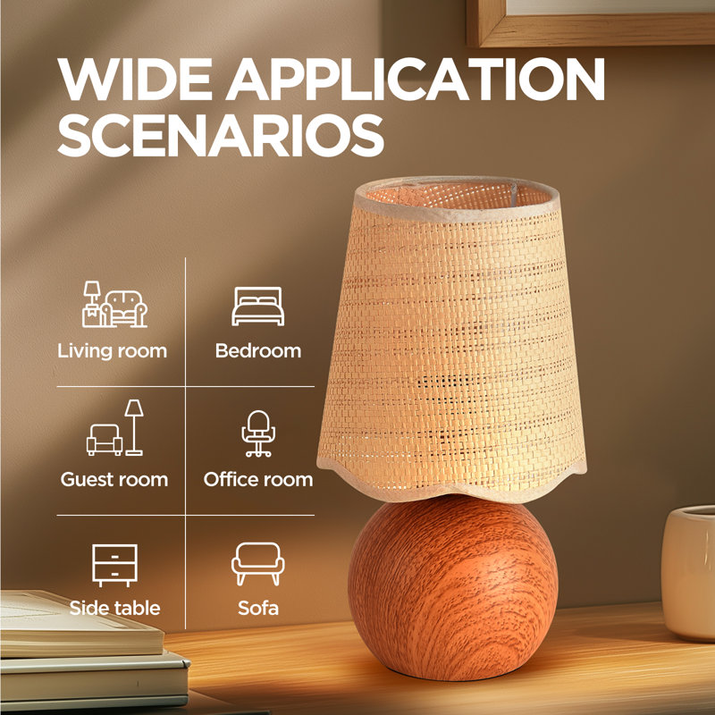 10.6’’ H Boho Rattan Table Lamp with Faux Wood Metal Base for Bedroom & Living Room, E26 Socket, Orange