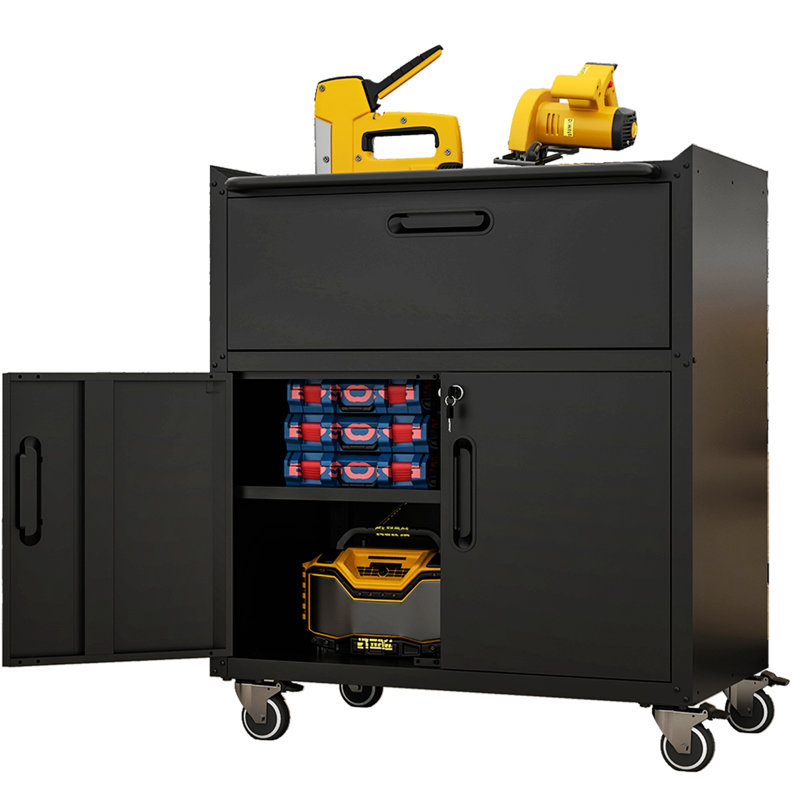 Armoire à outils en métal avec roulettes, armoire de rangement avec 1 tiroir et 2 portes verrouillables, armoire de rangement pour outils roulante