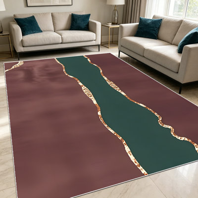 Tapis à rayures abstraites bordeaux déchirés à bordure dorée vert foncé 1pc pour le salon, doux et confortable, convient à toutes les saisons, facile à entretenir, tapis de sol intérieur lavable à la machine, sous la table ferme convenant à la salle à manger, à la chambre à coucher ...