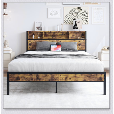 Twin Size Bed Frame with Storage Headboard, Metal Platform Bed with Charging Station, Bookcase Storage