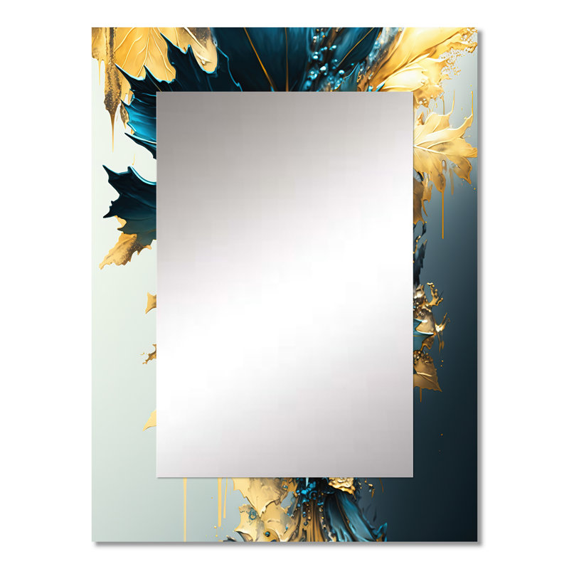 Abstract Blue And Gold Leaves II - Leaves Wall Mirror, Traditional Decorative Mirror, Printed Metal Art, 32" x 24"