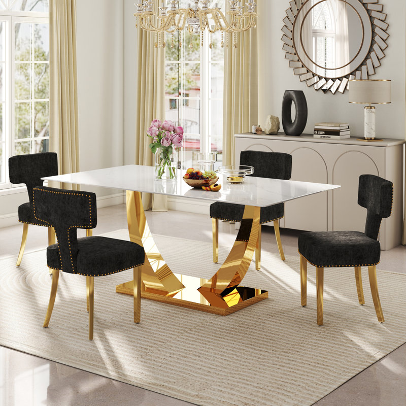 Ensemble de salle à manger moderne à piédestal rectangulaire avec chaise Chenin Dininig, Noir et or, 5
