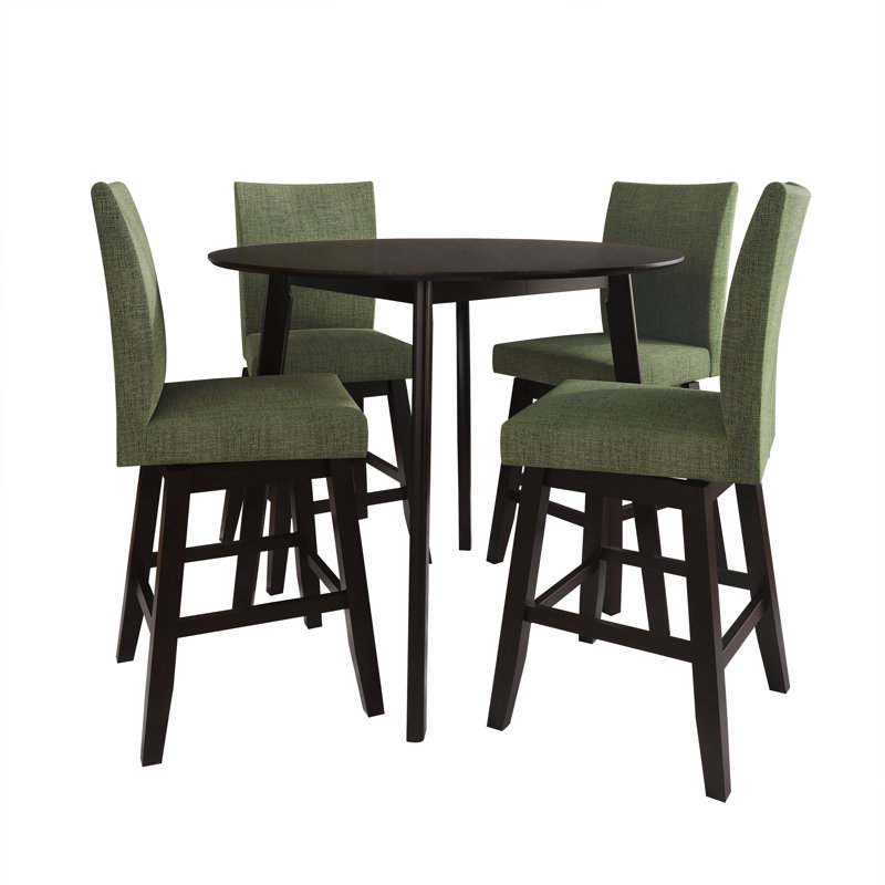 5-Piece Counter-Height Round Dining Set with Cushioned Linen Chairs, Green, Green