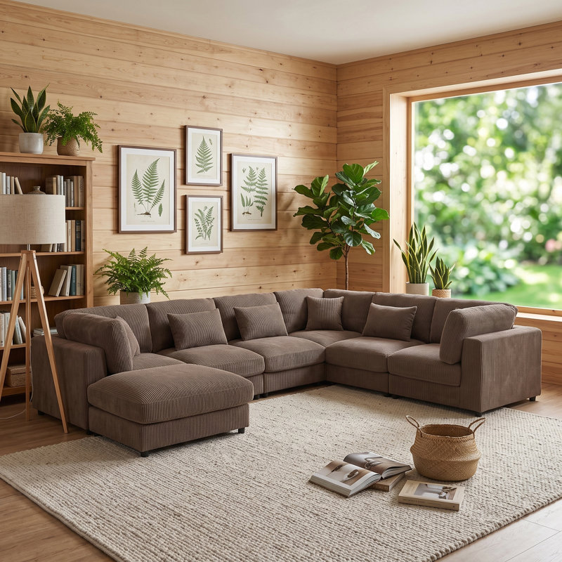 Canapé d'angle en velours côtelé marron, 366 cm (L) x 284 cm (P) x 84 cm (H), configuration personnalisable.