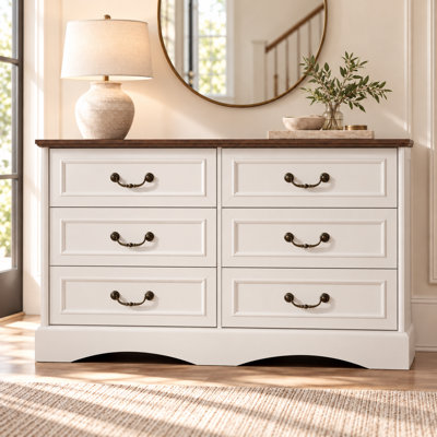 6 Drawer Wide Dresser, Vintage Wood Chest of Drawers with Classic Panel Front & Metal Pulls, Large Storage Dresser Cabinet for Bedroom, Living Room, Entryway
