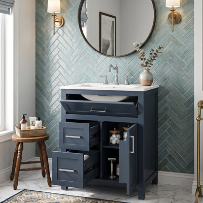 24" Modern Bathroom Vanity with Ceramic Sink, Solid Wood Storage Cabinet with Flip Drawer & Door Racks (Blue)