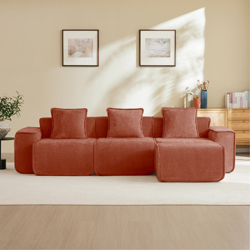 Canapé modulaire en L à 3 places avec passepoil à bordure française, sans assemblage requis, canapé 3 places avec coussins décoratifs et 1 repose-pieds mobile, tissu de velours
