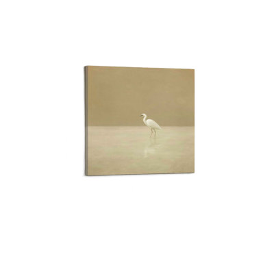 Aigrette blanche dans des eaux calmes, sépia minimaliste, art moderne sur toile, 24 x 24 po