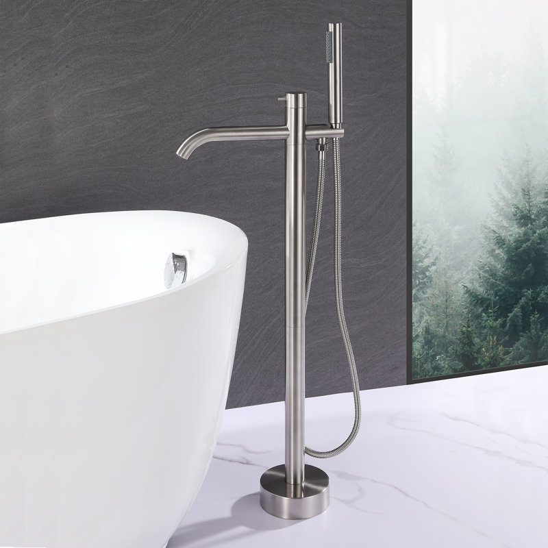 Robinet de baignoire à fixation au sol en acier inoxydable H 34 po 34 po avec douche à main, Nickel brossé