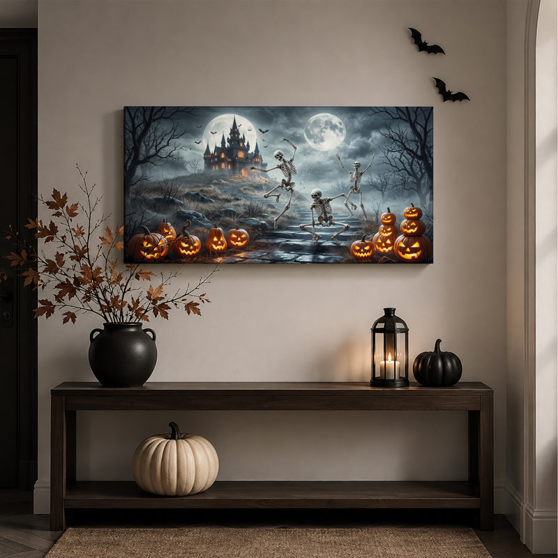 «Dancing Skeletons And Pumpkins» par Haunted Castle, art mural sur toile, L 24 po x H 12 po
