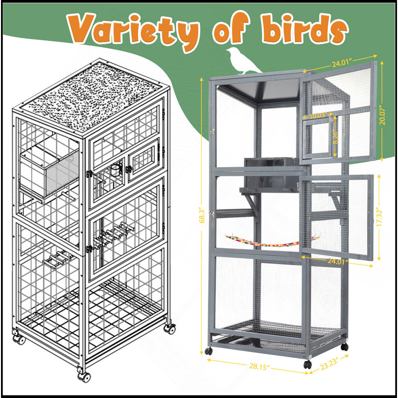 Wood Bird Cage With Universal Wheels-Gray