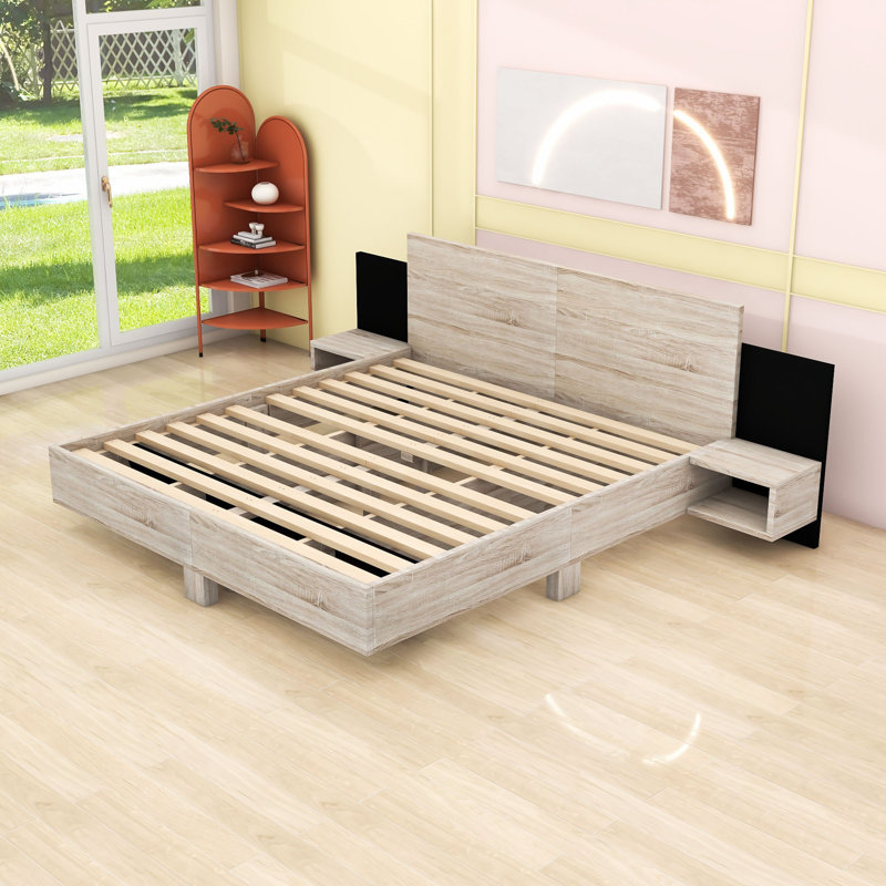 Platform Bed with LED Headboard and Built-in Nightstands, White, King