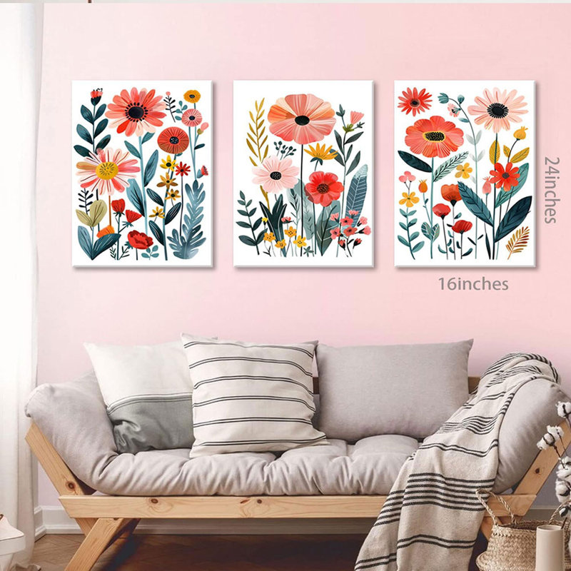 Framed Colorful Wildflower Canvas Wall Art Set Of 3 Flowers Pictures Prints Flowers Printing Floral Watercolors Flower Wall Decor Living Room Bedroom Bathroom